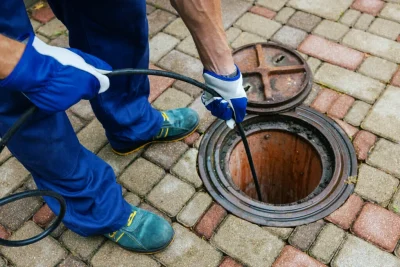 Plumber cleaning an outdoor sewer drain in Albany