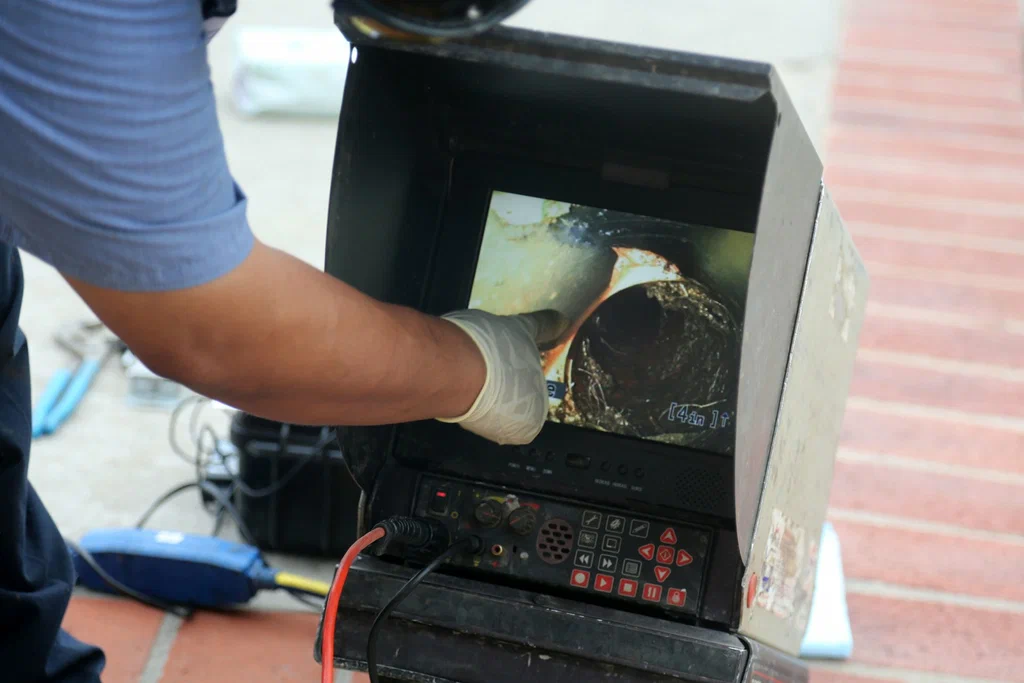 Technician viewing a drain inspection camera in Albany